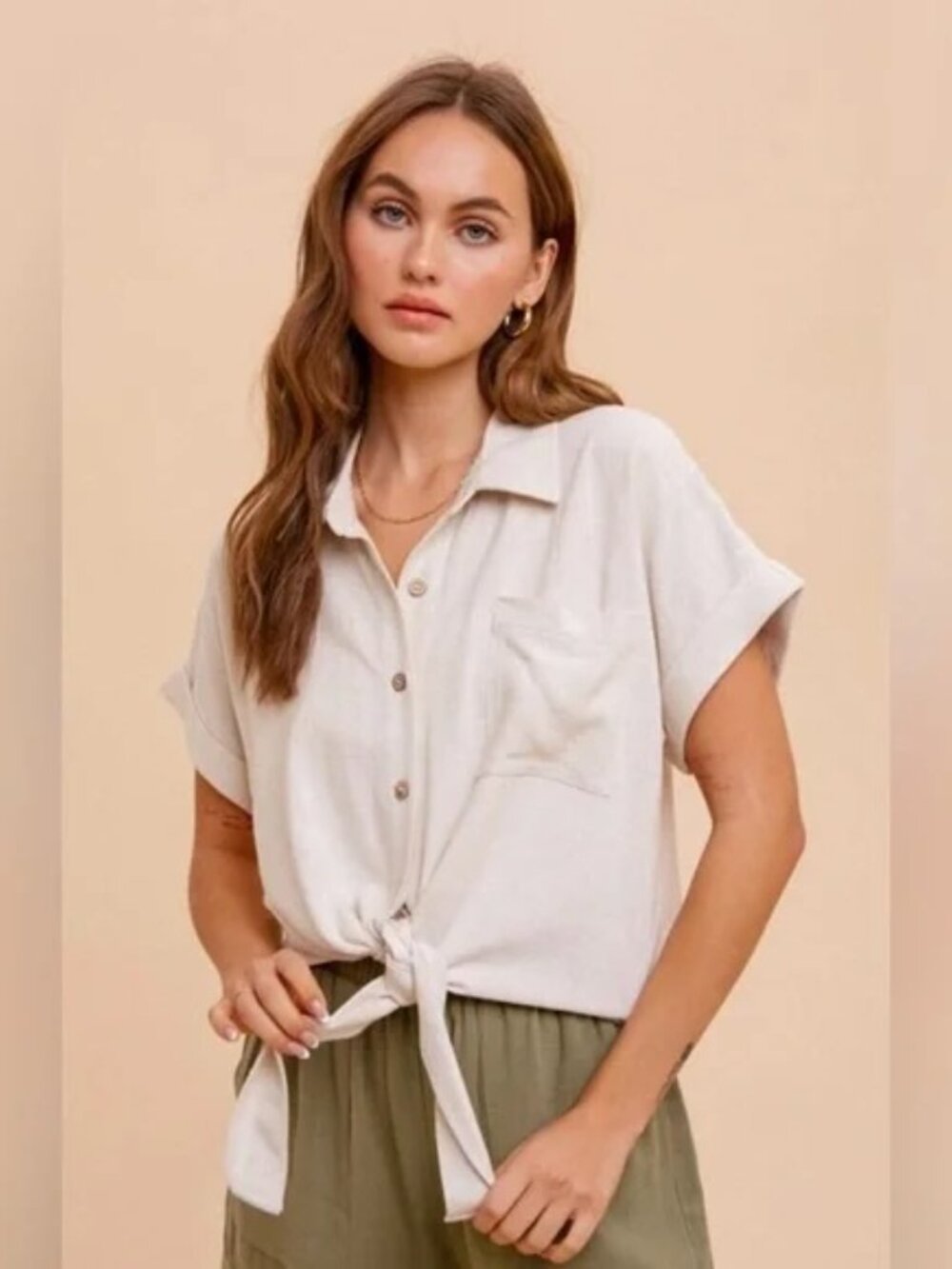 Button Down Tie-Front Blouse